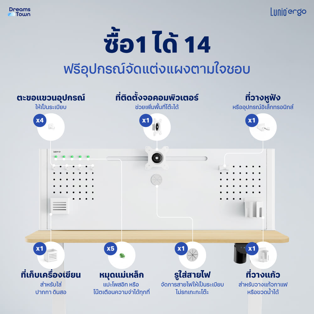 แผงจัดระเบียบตั้งโต๊ะ LUNIO ERGO รุ่น CYGRID DESK PEGBOARD WHITE